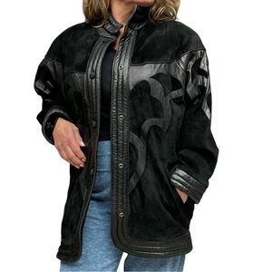 Vintage Tannery West Black Leather & Suede Appliqué Jacket Medium Long Coat